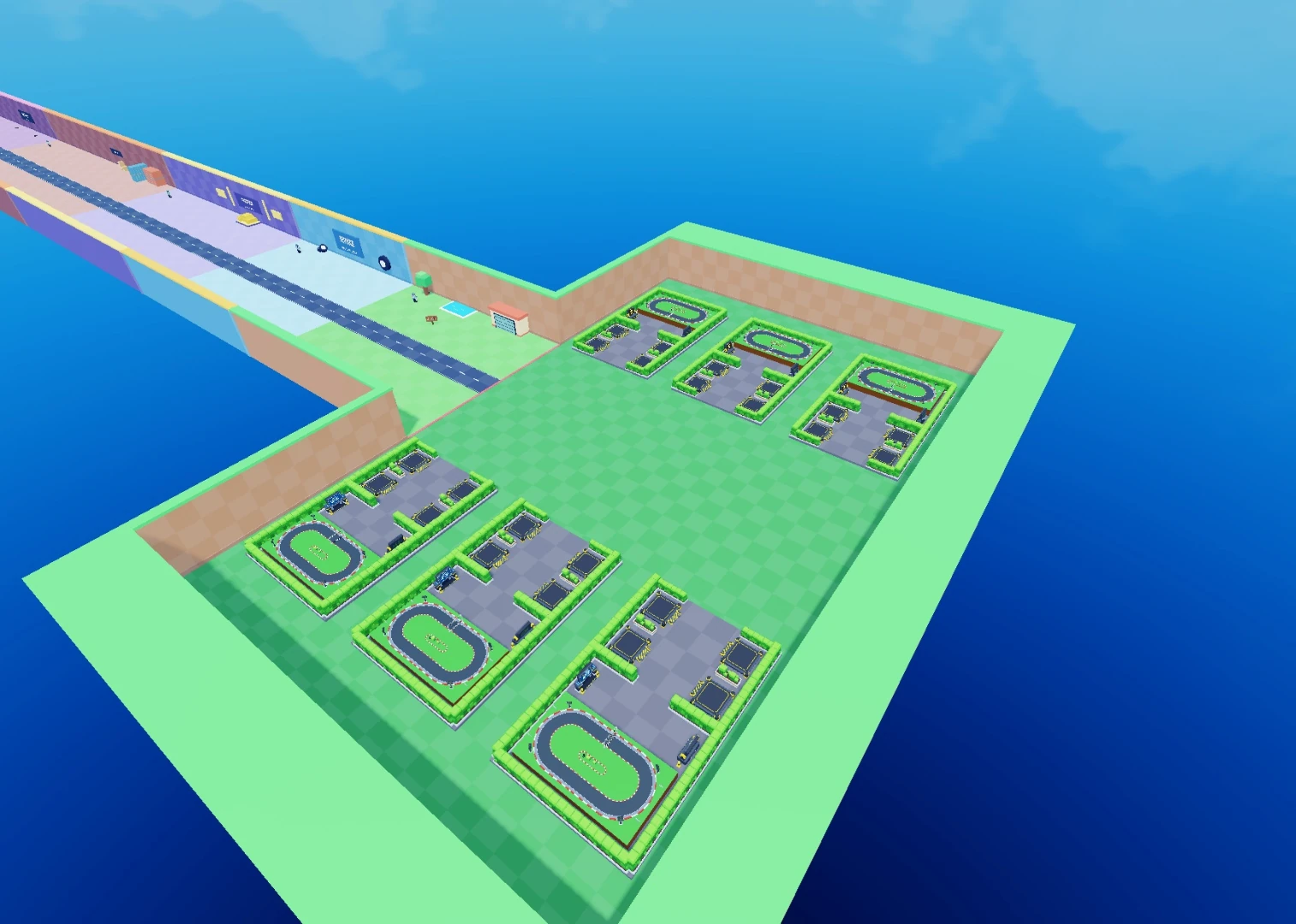 A clean aerial overview of all six personal bases in the Safe Zone, with no display cars on the central floor.