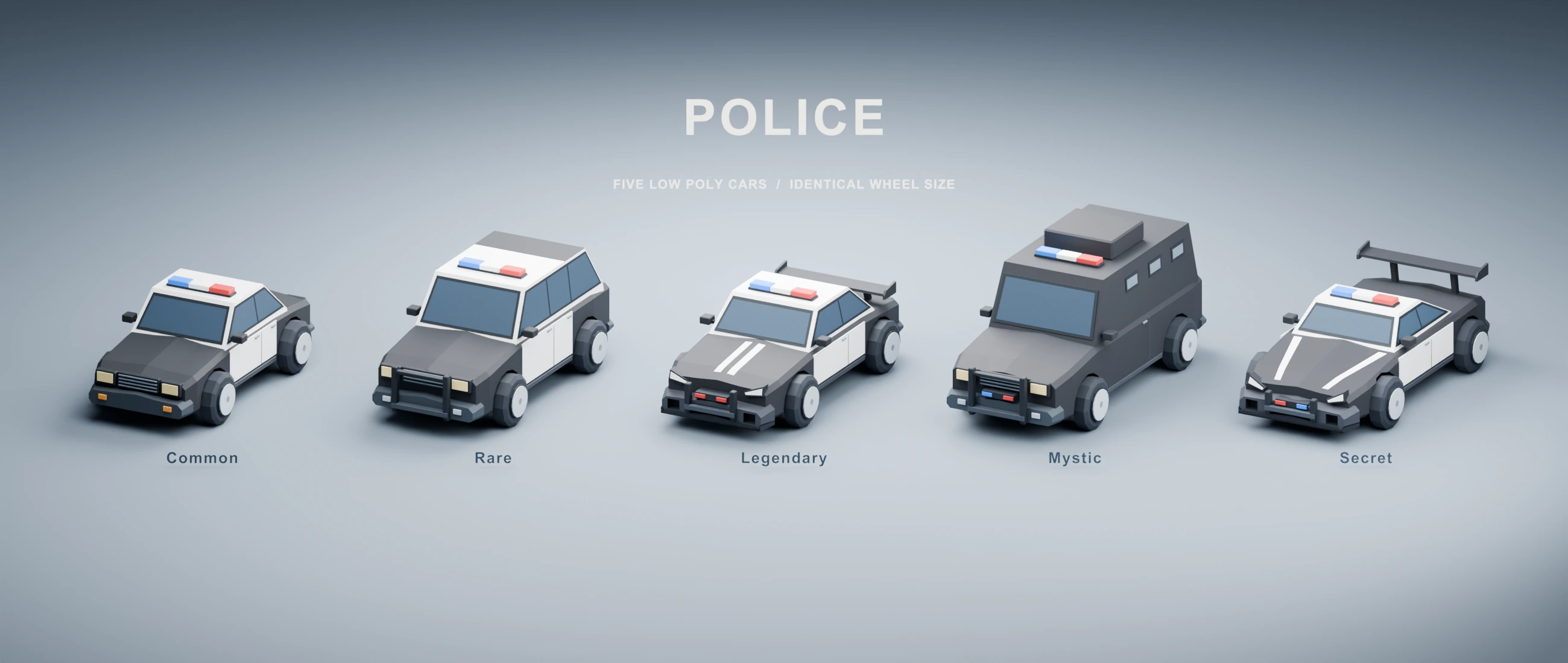 Final Blender render showing the five complete low-poly Police cars from Common to Secret.